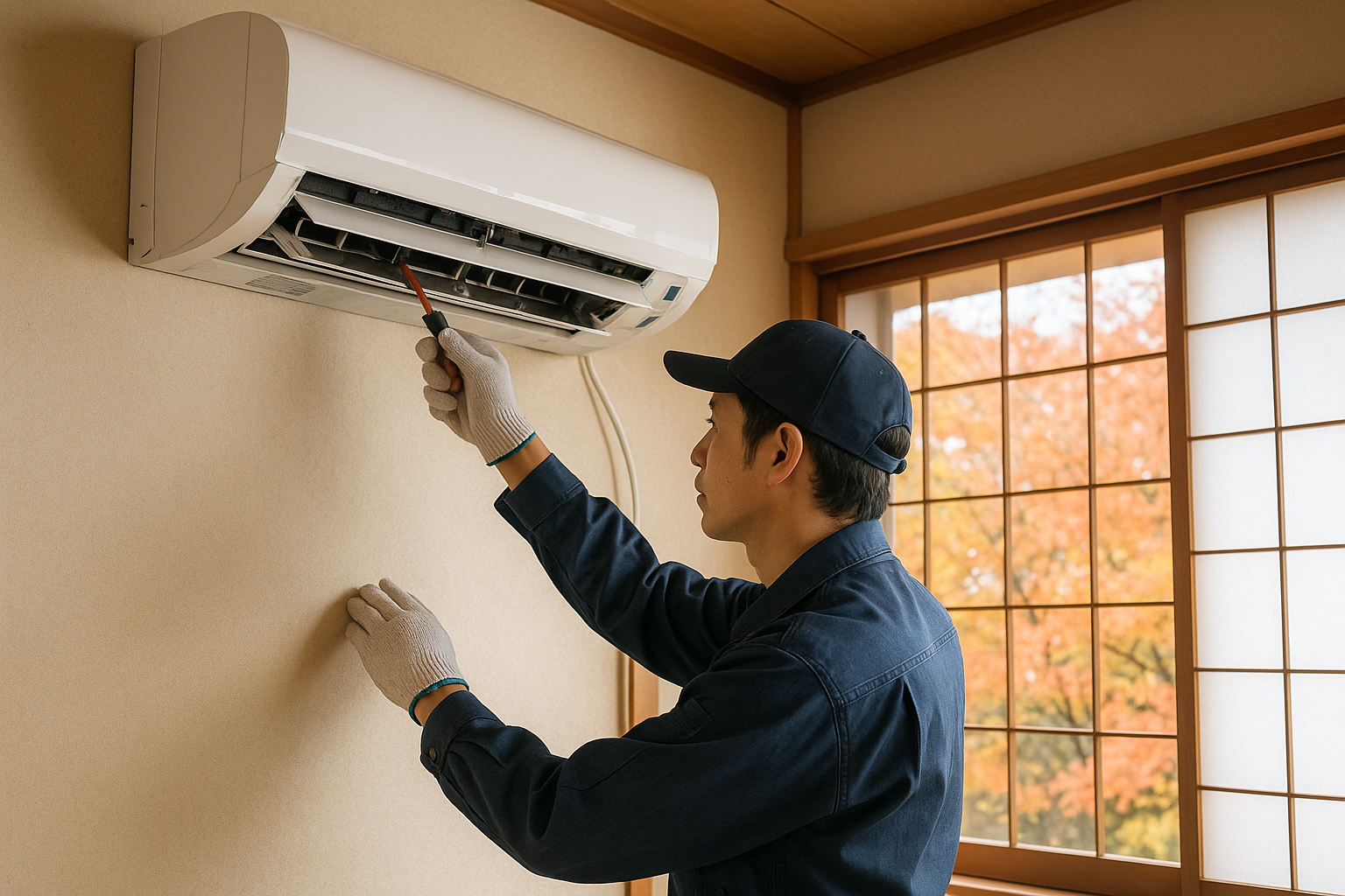 Técnico realizando manutenção de ar-condicionado em casa japonesa no outono
